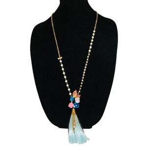 Betsy Johnson Floral Flowers Tassel Rhinestones Faux Pearl Necklace 33”